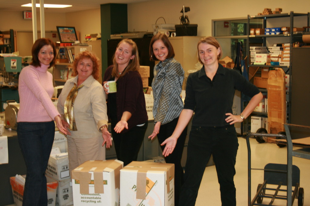 Recycling Committee packages up tech waste for recycling offsite, 2008 - Jenn, Karen, Whitney & Stephanie