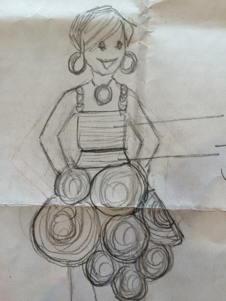 Mom's sketch of the finished Trashion Fashion dresses woven from plastic bags