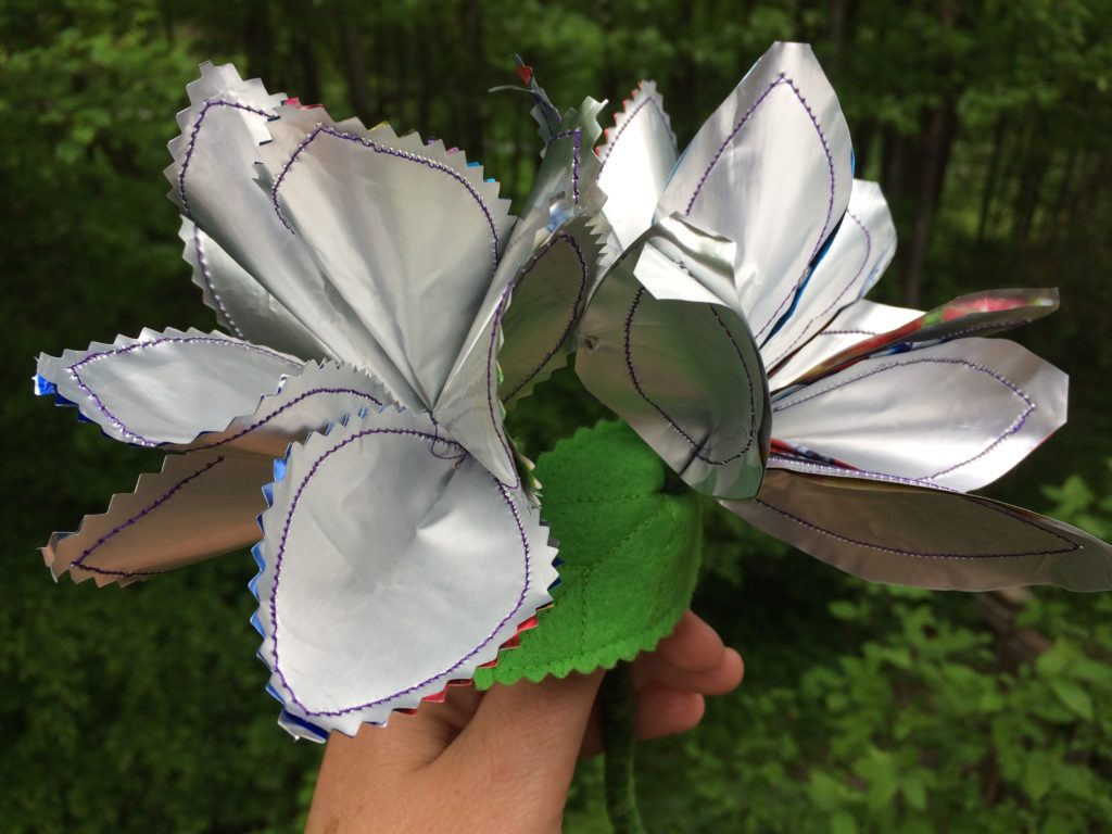 Flowers sewn from juice pouches, April 2017