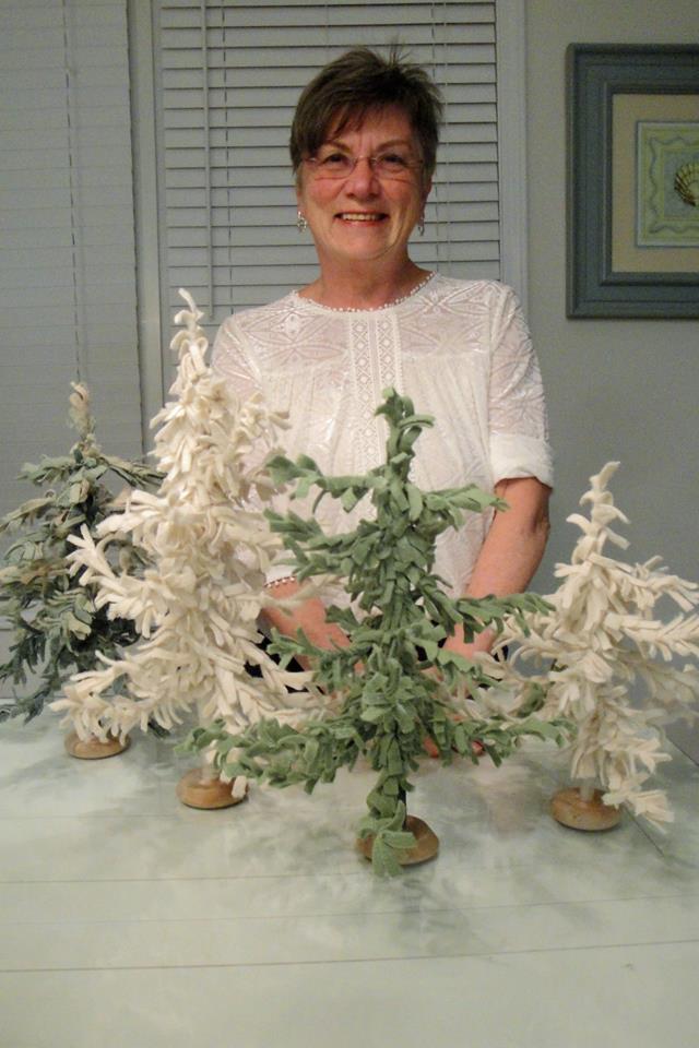 My mom with her wool feather trees, March 2017