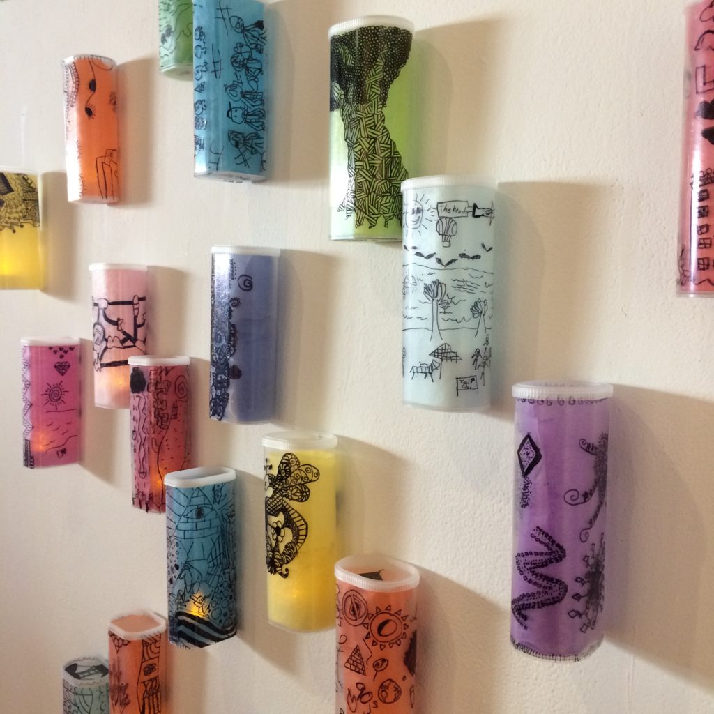 "Lanterns" from recycled Crystal Light Containers and Tissue Paper Inspired by Paul Klee - designed by Trashmagination