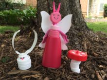 Fairy, bunny and mushroom made from recycled plastic caps