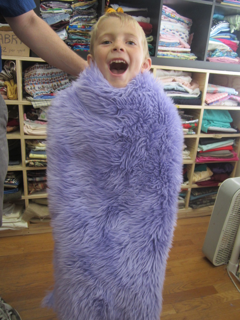 Russell with fur fabric for his Halloween costume