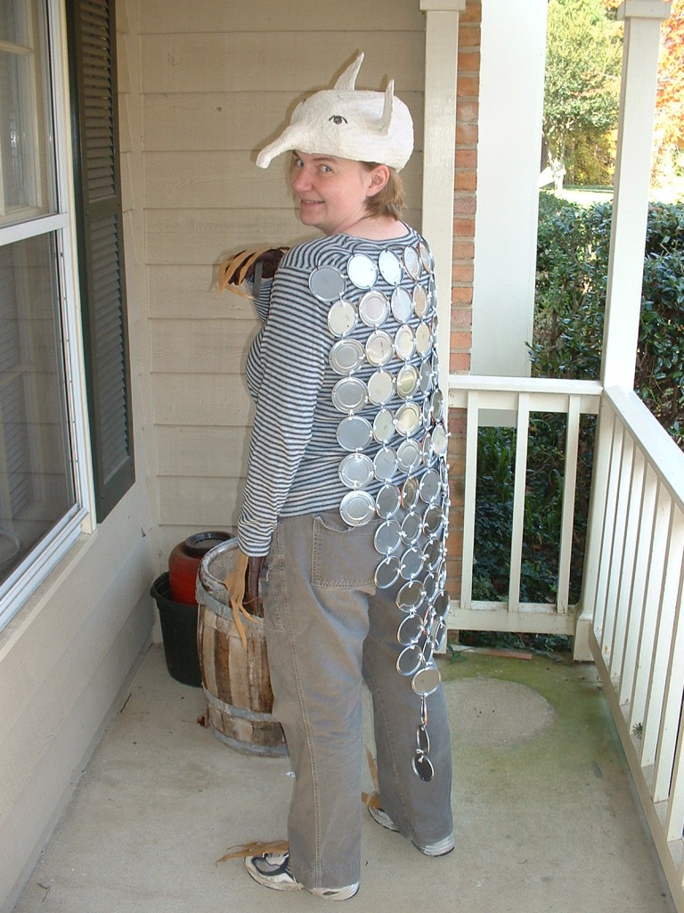 2003 Halloween costume - armadillo made from metal juice lids, milk jug head