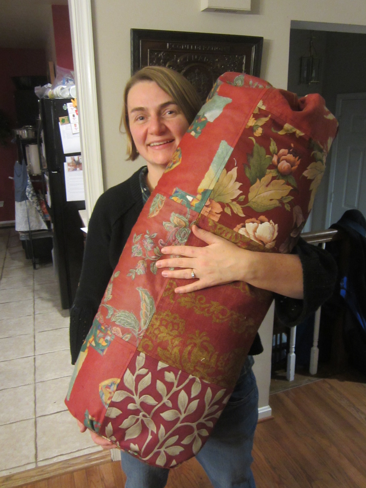 Sewing a cover for a bolster from recycled upholstery samples