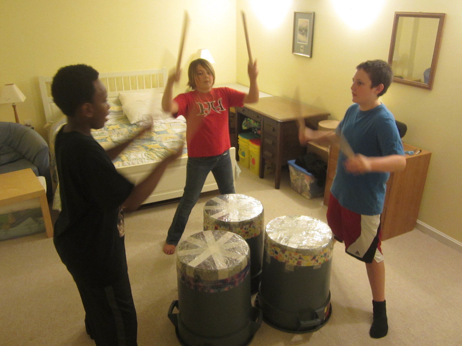 The kids practice their taiko drumming act