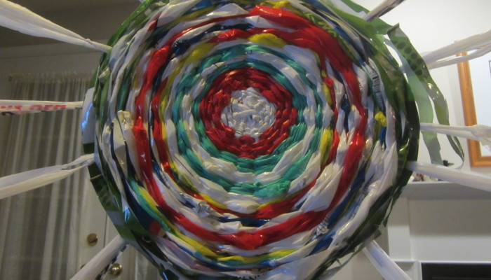 Woven spiral made from recycled plastic bags
