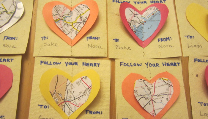 Recycled map valentines - close-up