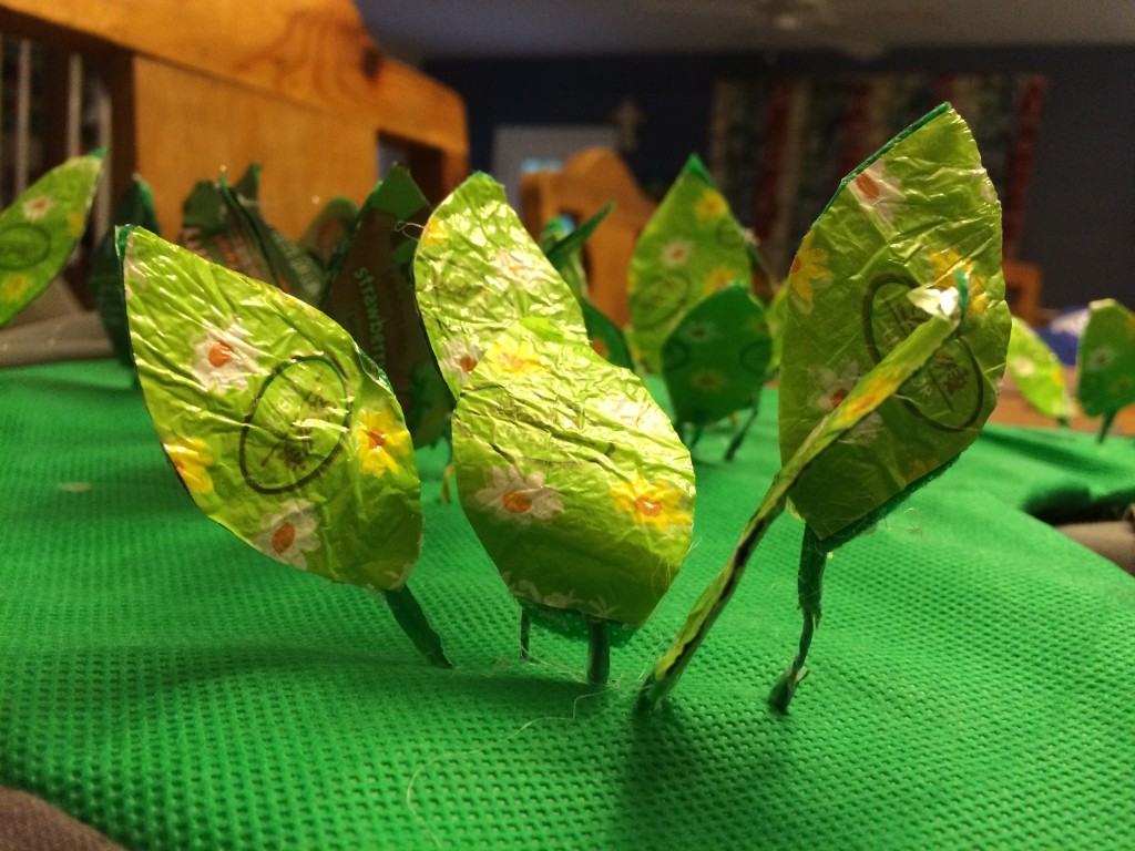 Leafy plants made from Lindt chocolate wrappers and twist ties