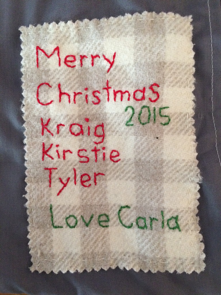 Label on pillow for my brother, sister-in-law & nephew