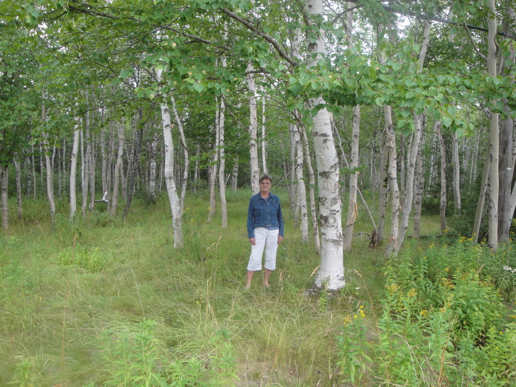 Mom standing in a forest of birch trees in Gander, Newfoundland