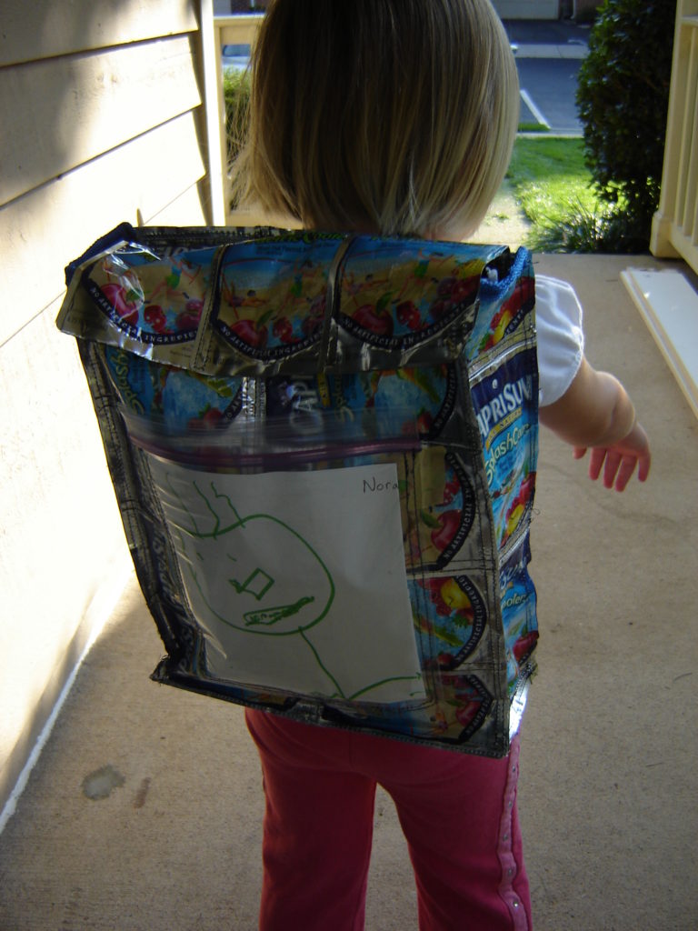Backpack sewn from juice pouches, 2006