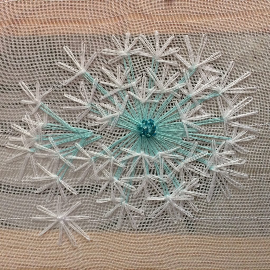 Dandelion puff embroidery, May 2018, inspired by Velvet Meadow