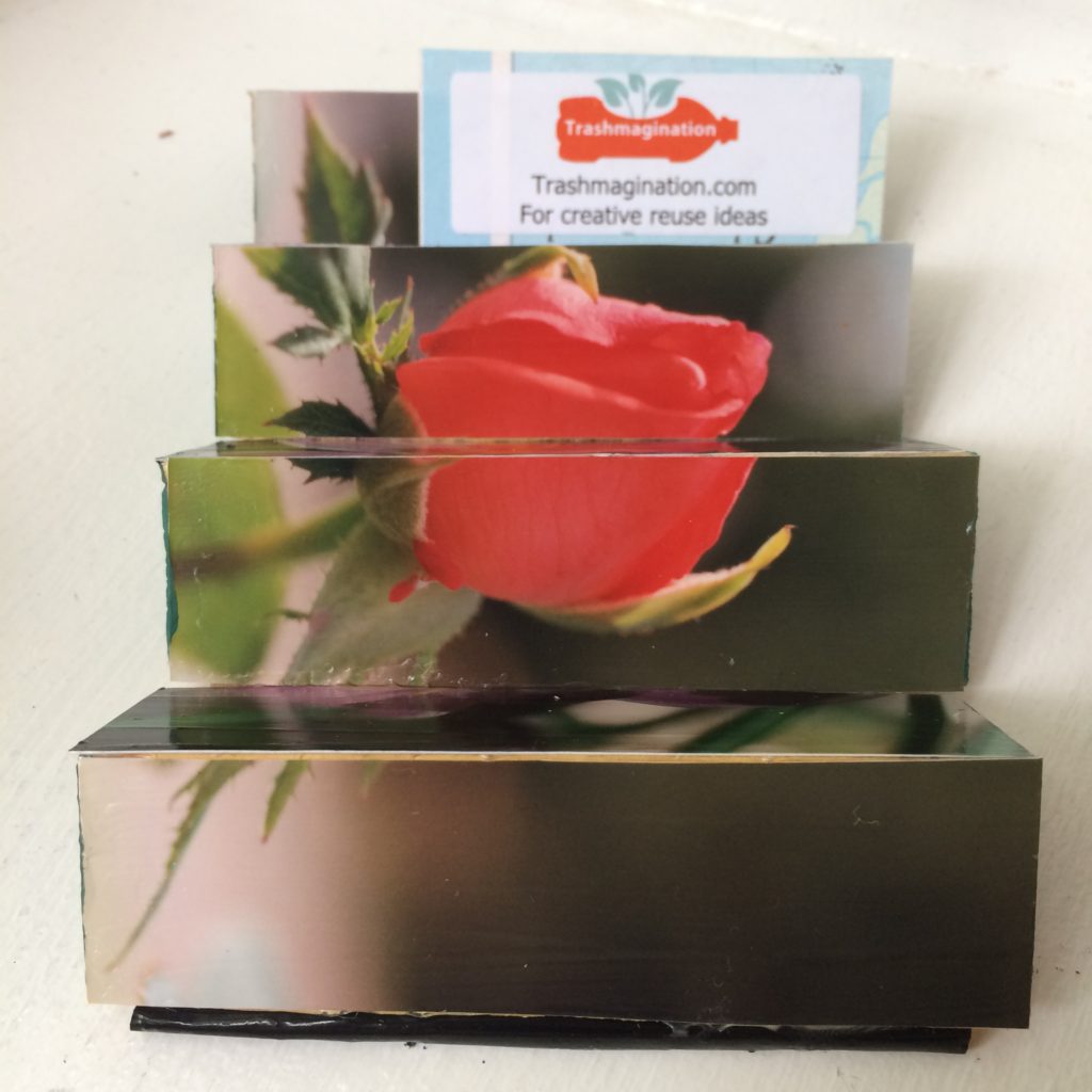 Lenticular photo display made from clementine box triangles by Trashmagination - with business card holder
