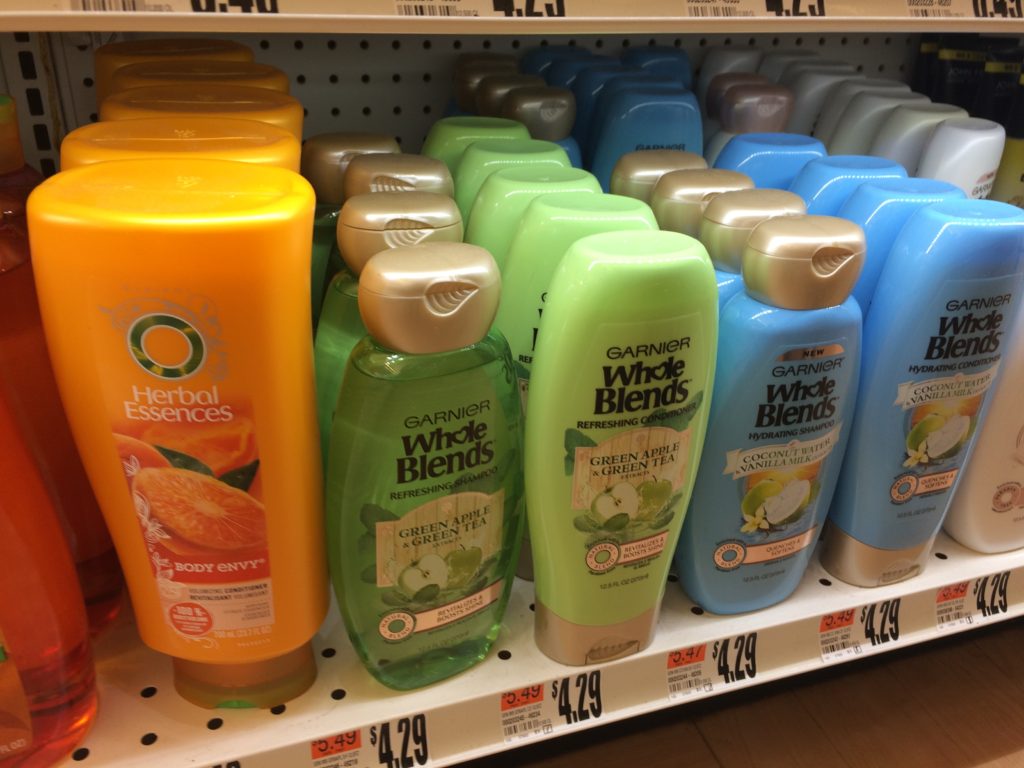 Colorful shampoo bottles - Herbal Essences and Garnier
