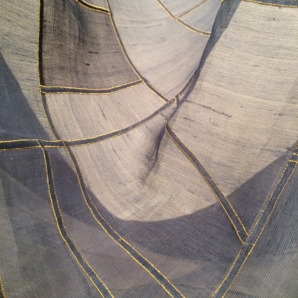 Blue Wall Hanging Bojagi by Kumjoo Ahn (close-up) - featured at the Tradition Transformed exhibit, Korean Cultural Center, Washington DC, January-February 2019