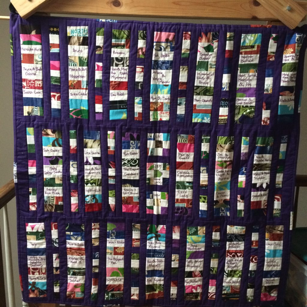 Quilt showing names and messages from supporters of Nen Daiko, 2017